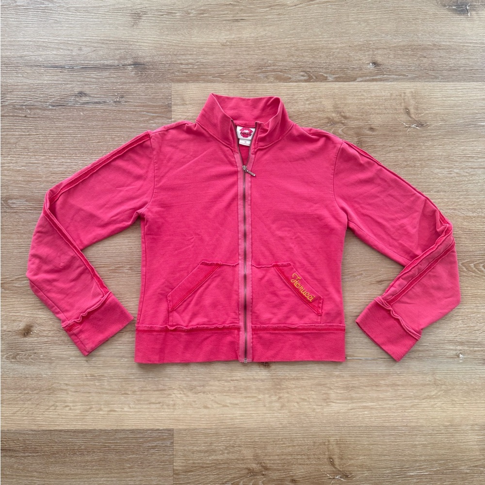 Fiorucci Rare Vintage Y2K Coral Pink Zip-Up Jacket Raw-Edge Logo Track Size M